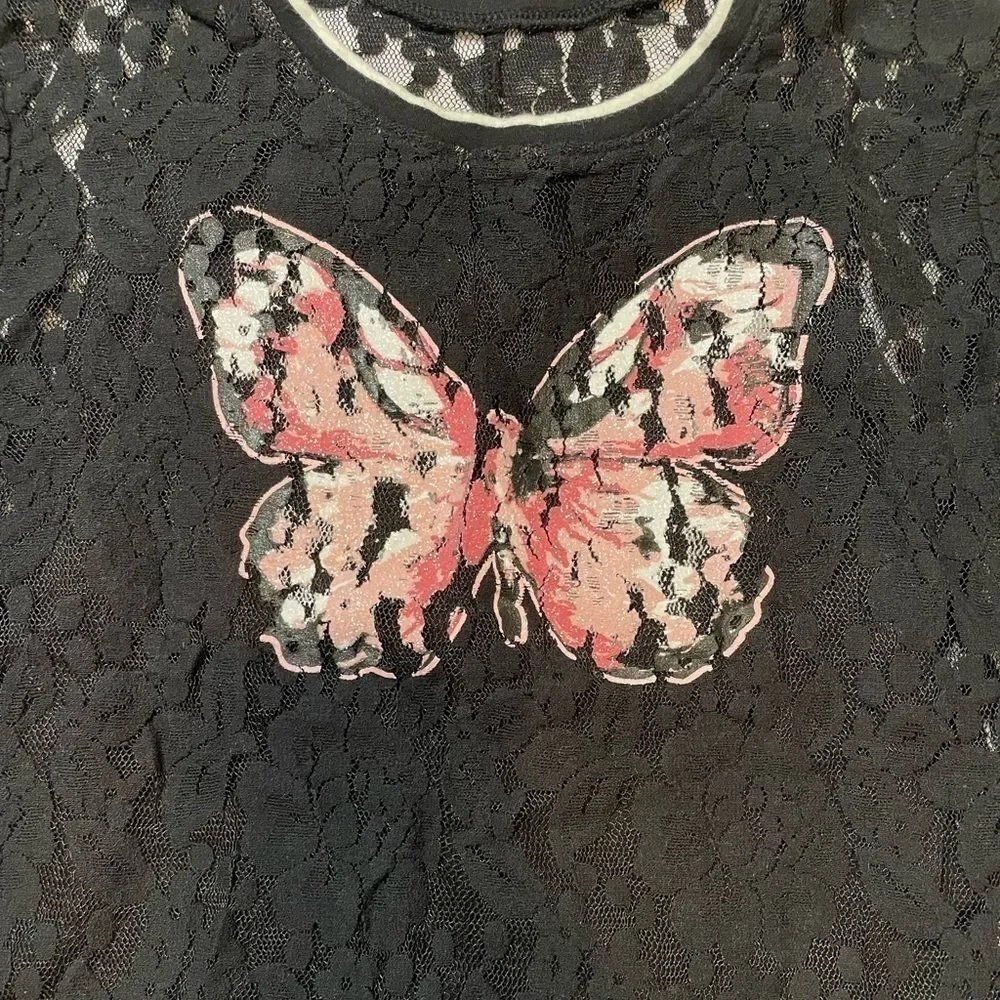 Girls Justice size 10 black lace pink butterfly shirt
